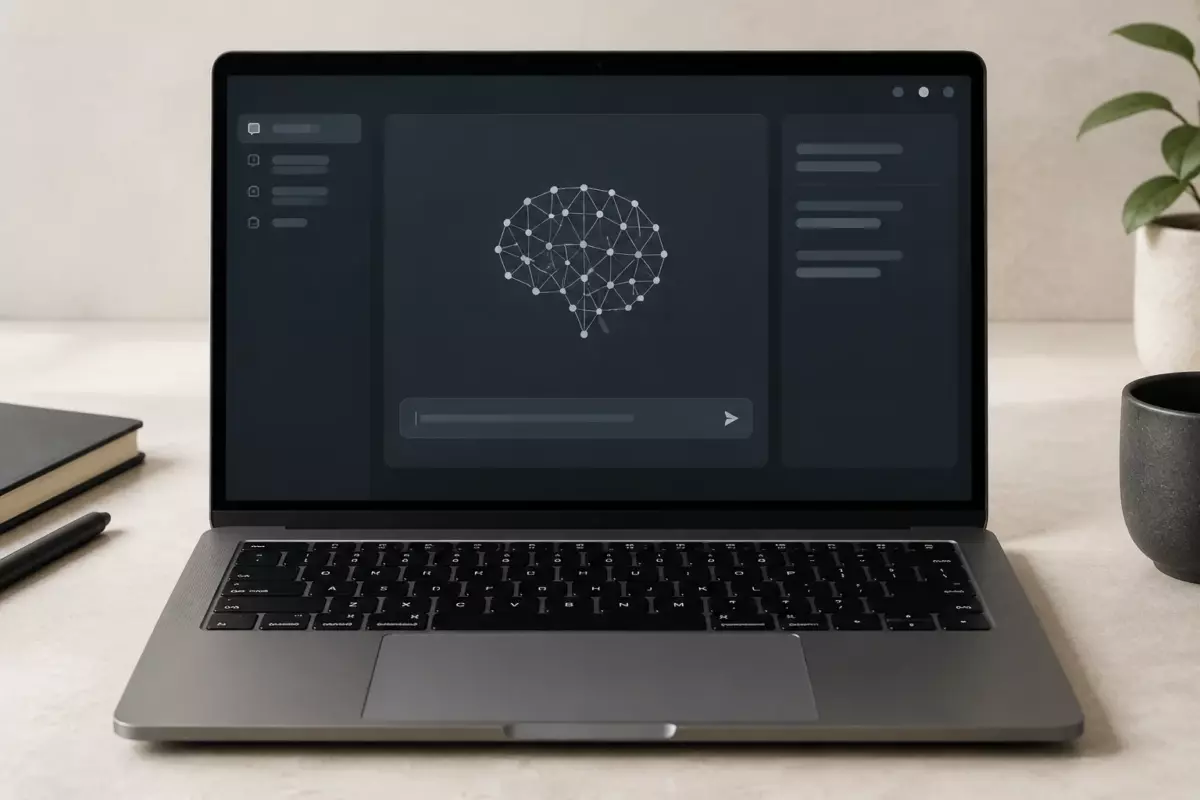 Экран ноутбука с локальным приложением искусственного интеллекта без идентифицирующих элементов
