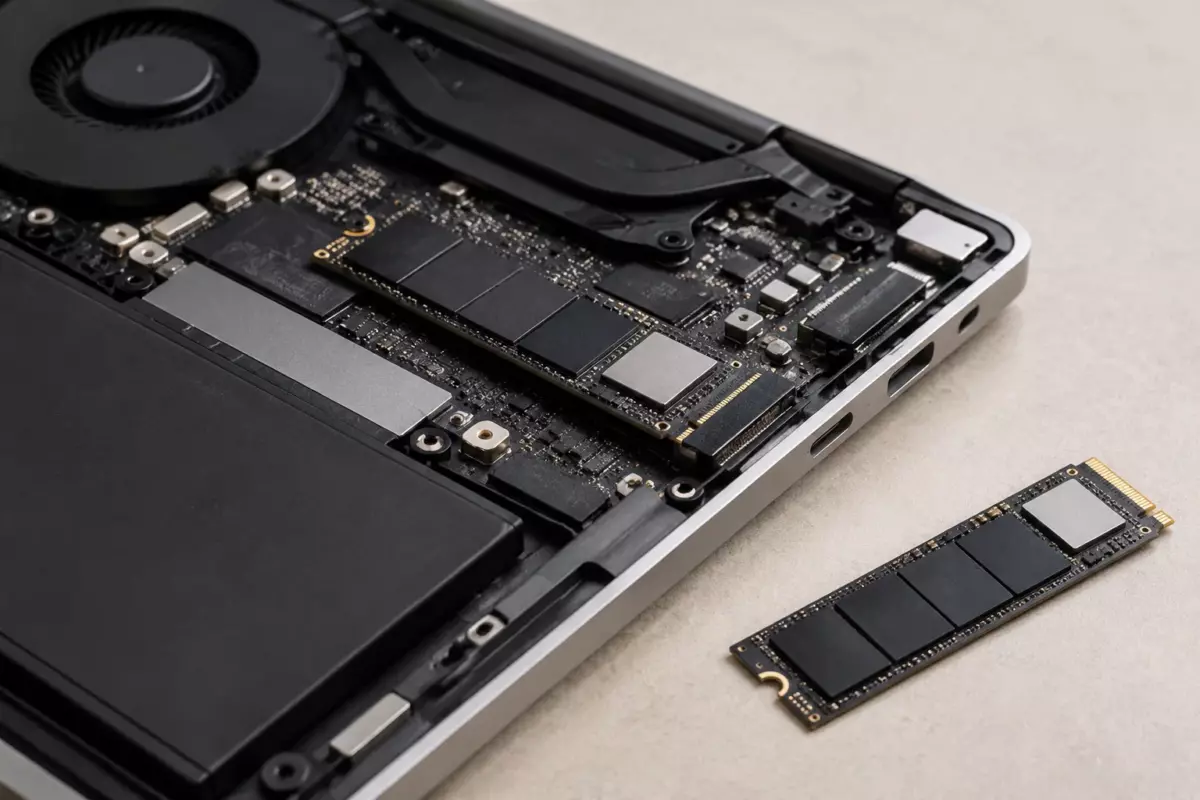 Крупный план внутреннего SSD-накопителя в отсеке ноутбука без брендов и надписей