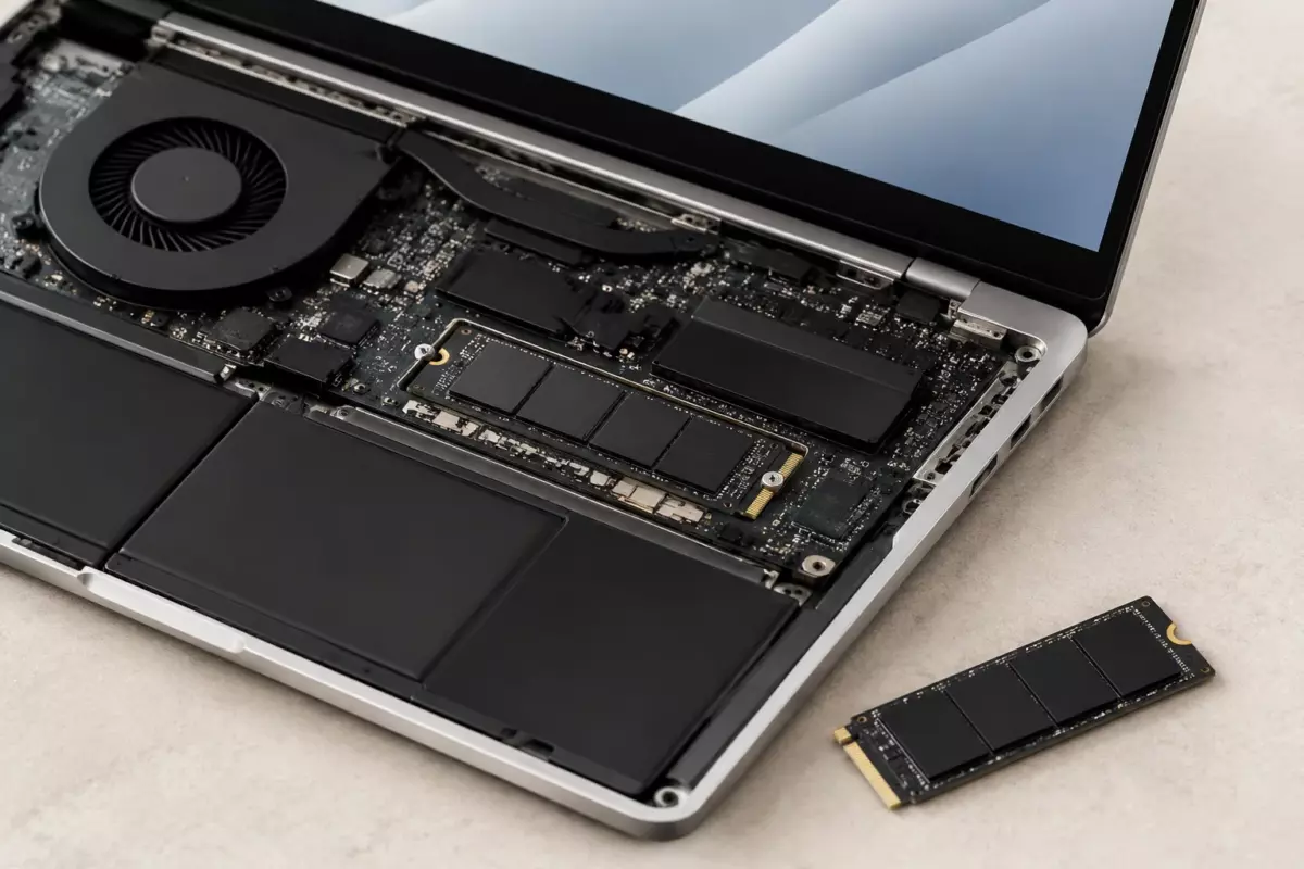 Компактный SSD рядом с открытым корпусом ноутбука без привязки к модели