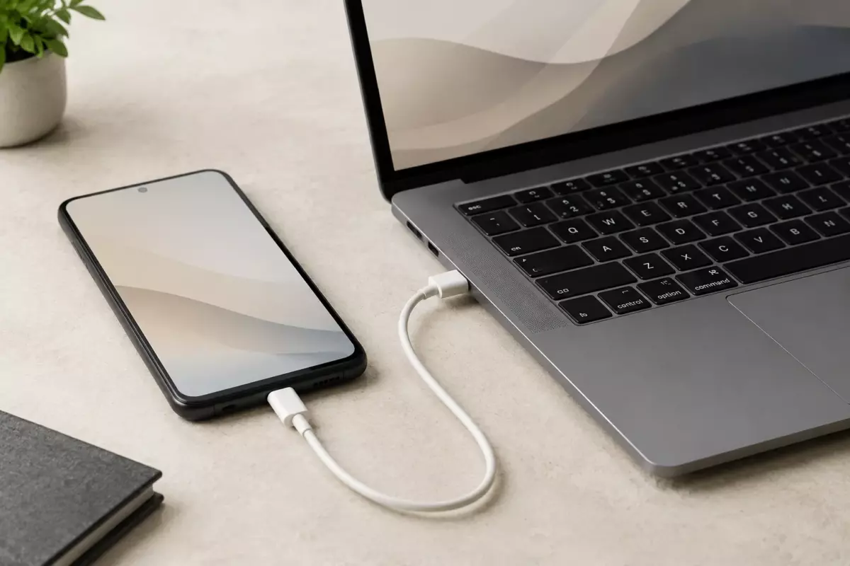 Ноутбук рядом со смартфоном и USB-кабелем для подключения к интернету