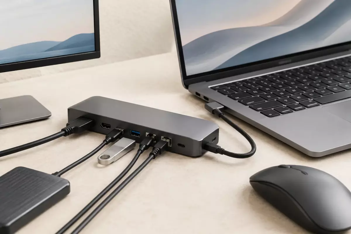 Ноутбук на рабочем столе с подключённой USB-C док-станцией и внешним монитором без видимых брендов