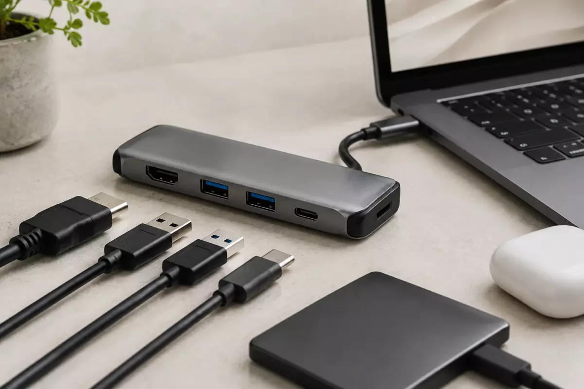 Крупный план разъёмов USB-хаба и подключённых кабелей