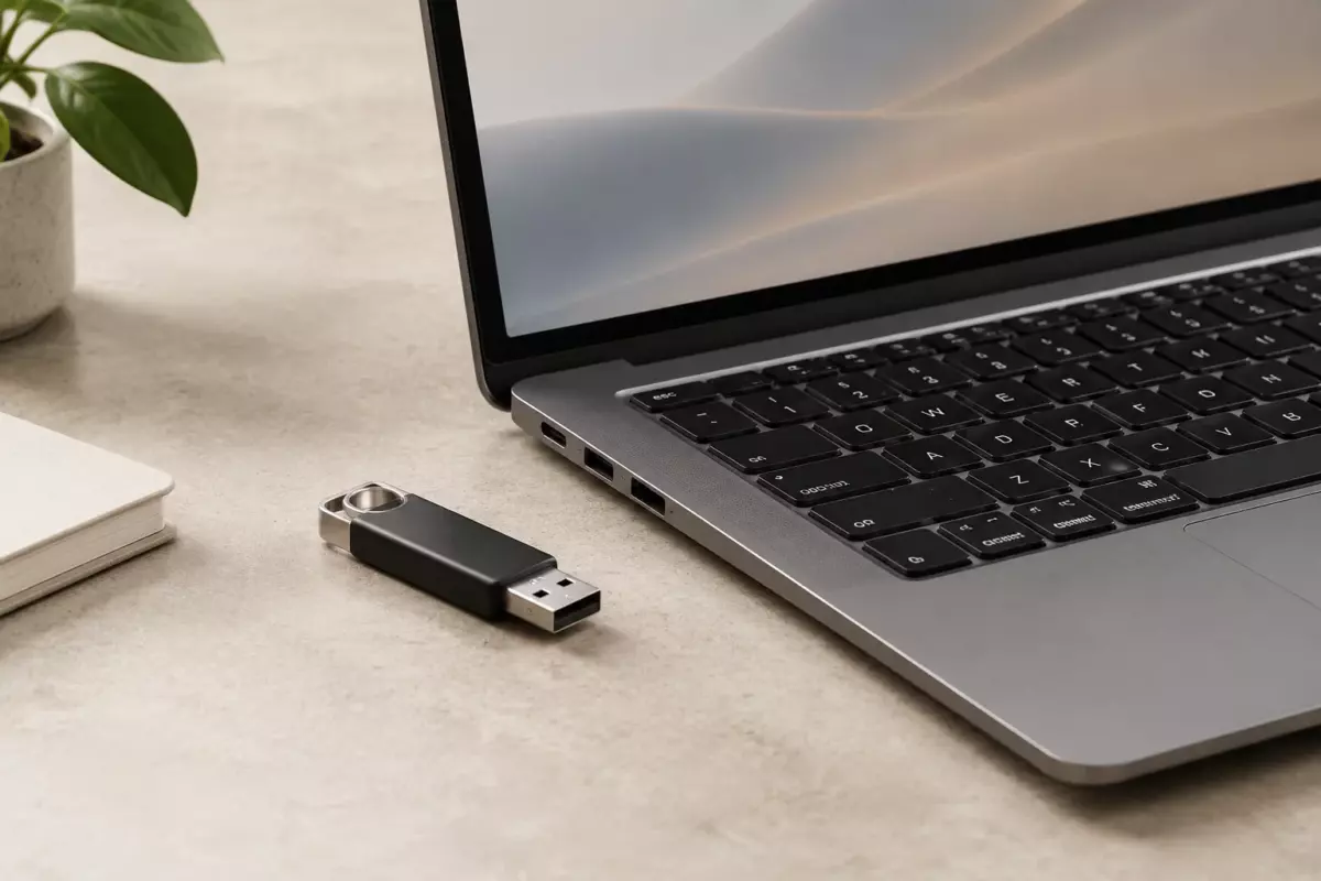 Ноутбук рядом с компактным USB-накопителем на нейтральной поверхности без брендов и надписей