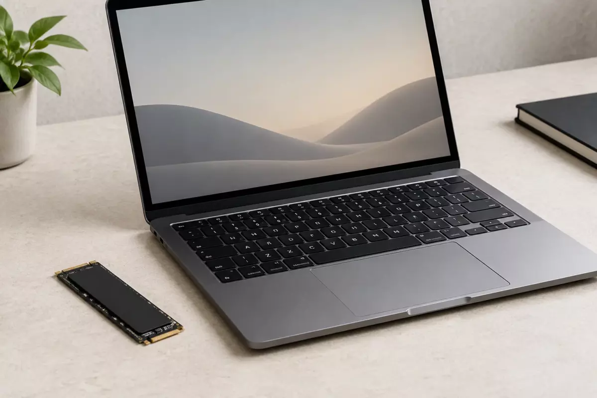 Ноутбук с открытой крышкой и отдельный SSD рядом на рабочей поверхности