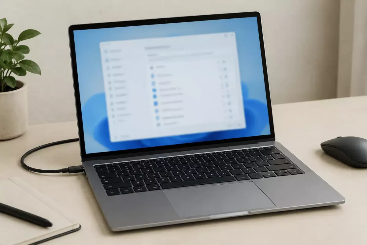Ноутбук на рабочем столе как иллюстрация настройки автозагрузки Windows